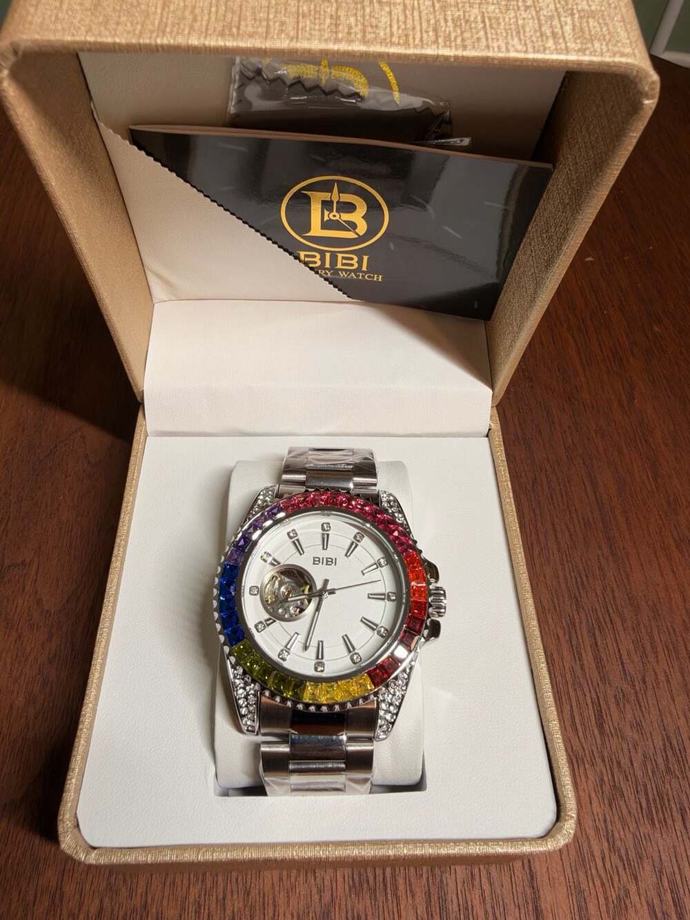 BIBI Automatic Mechanical Watch Rainbow Bezel Silver Steel Open Heart